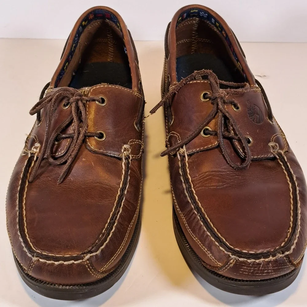 Timberland Mens Brown Leather Boat Shoes‎ Nautical Signal Flag Lining Loafers 12